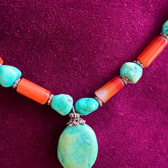 Vintage Coral Morenci Turquoise Necklace | Native American  Vintage Turquoise and Coral necklace.